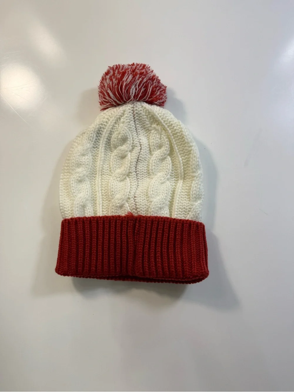 Audi Women's Red and Cream Cable Knit Pom Beanie NWOT